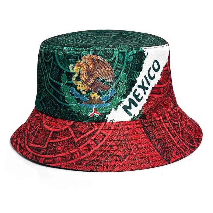Chapeau bob imprimé avec emblème du drapeau mexicain, chapeau de soleil réversible, léger et pliable