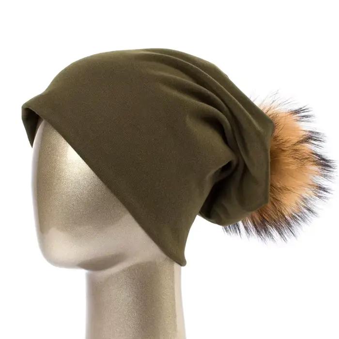 Geebro bonnet femme avec pompon printemps coton bonnets chapeaux avec fourrure de raton laveur Pompo