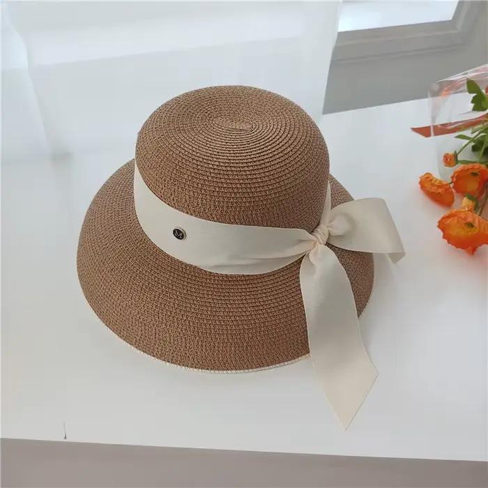 Chapeau de paille français rétro avec nœud pour femme, bord de mer à grand bord, protection solaire,
