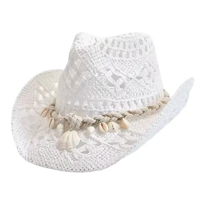 Chapeau de paille de plage en coquillage d'été, corde tissée à la main, unisexe, Style bohème, Cowbo