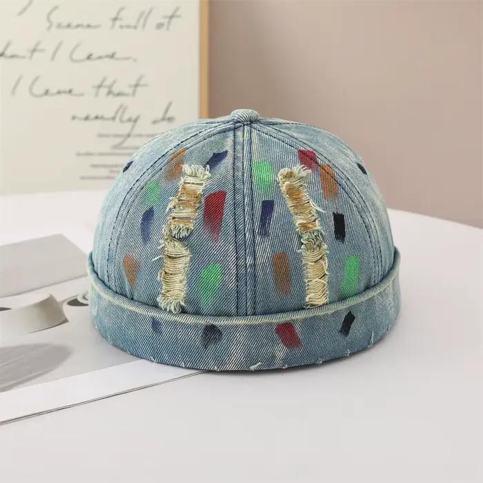Casquette Docker en jean vieilli vintage pour hommes et femmes, style rétro délavé, avec imprimé gra