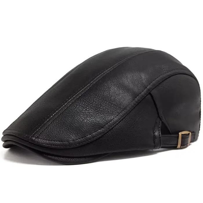Mode hommes PU cuir béret automne hiver visière casquette plate épaissir chaud chapeau bérets Vintag