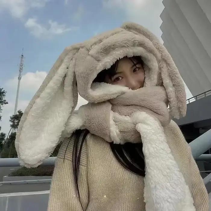 Nouvelle mode écharpe chapeau gant femmes mignon grande oreille lapin bonnet hiver chaud doux épaiss