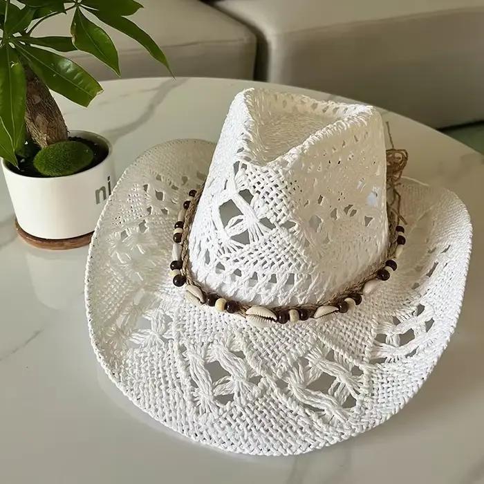 Chapeau de paille bohème d'été pour femmes et hommes, chapeaux de Cowboy de plage, perles en bois aj