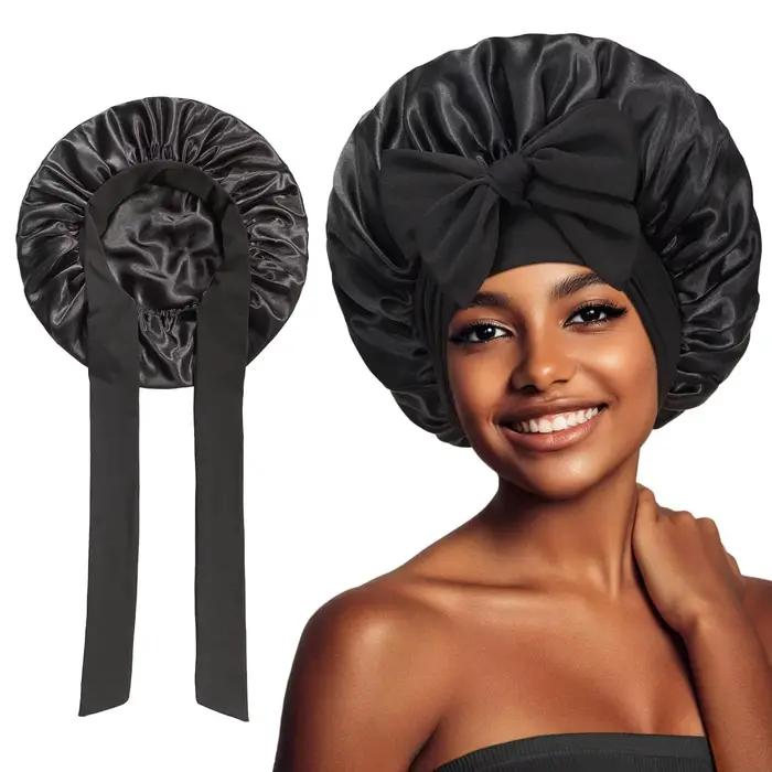 Bonnet de nuit en satin soyeux uni avec large bande extensible réglable et lien de fixation pour che