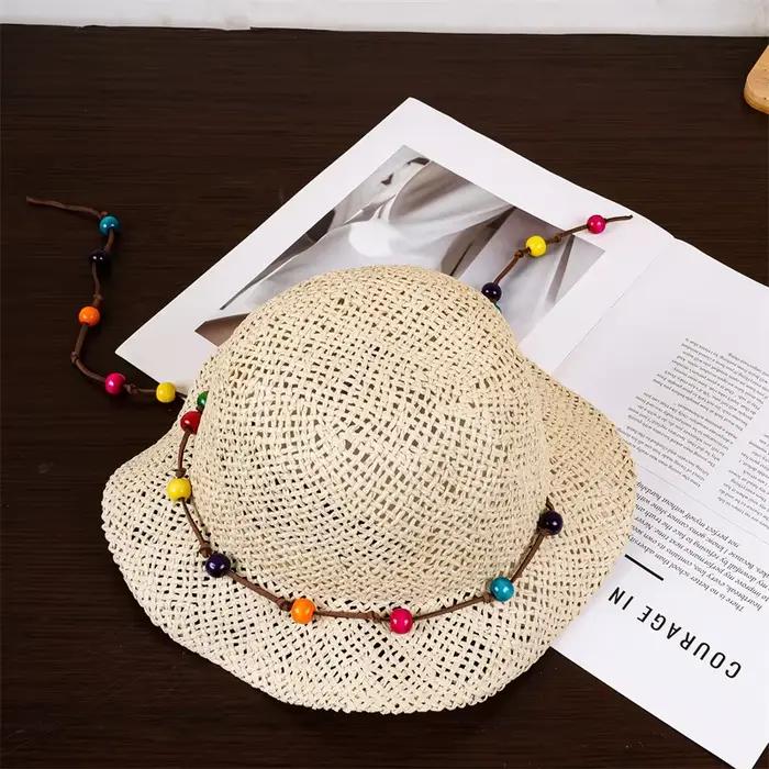 Chapeau de paille en jean d'été pour filles, décoré de perles colorées, à large bord, tendance, pour