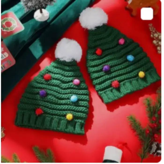 Chapeaux de Noël parent-enfant |   Bonnets tricotés à la main pour adultes et enfants, pompon coloré