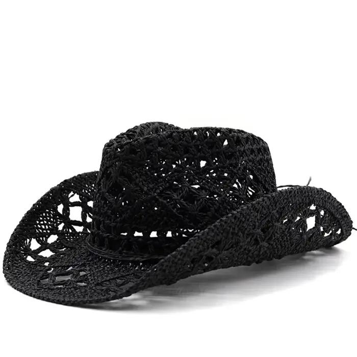 Chapeau de soleil vintage à large bord en paille tressée, style western cowboy coréen, fait main