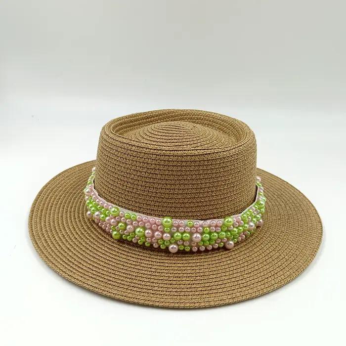 Chapeaux chapeau de plage bohème chapeau à bord plat tissé à la main chapeau de paille dames vacance