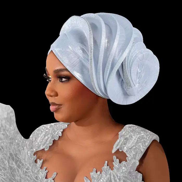 Turban africain préformé en tissu diamanté pour femme, coiffe nigériane pour mariage, Auto Gele, acc