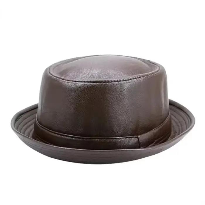 Chapeau Trilby en cuir noir pour hommes et femmes, casquette Fedora rétro, marque Porkpie, chapeaux 