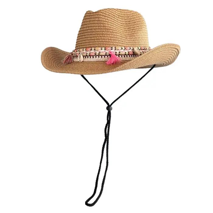 Chapeau de paille de cowboy à pompons pour la randonnée en plein air, unisexe, pliable, protection s