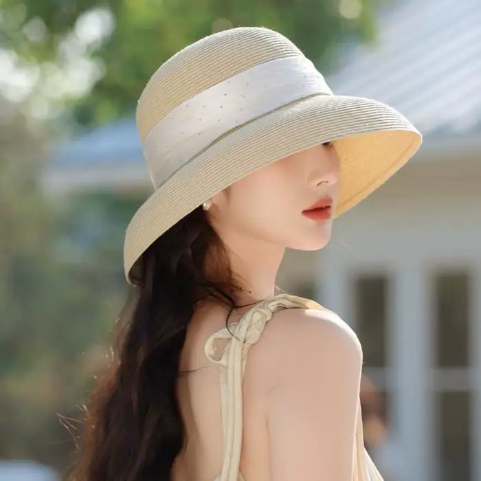 Chapeau de paille élégant style bohème en raphia, à large bord, tressé, style français et coréen, po