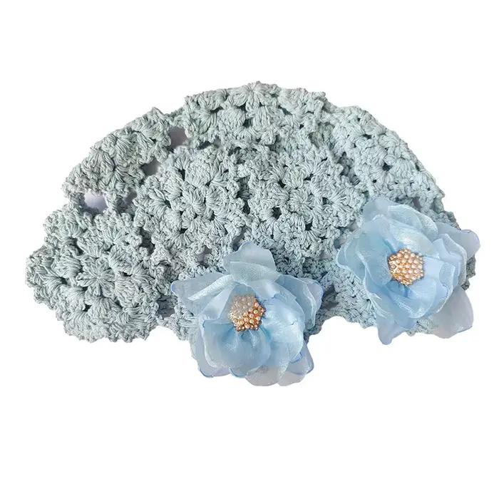 Chapeaux mignons pour filles, Style coréen rétro, pull à fleurs en perles, avec crochet ajouré, casq