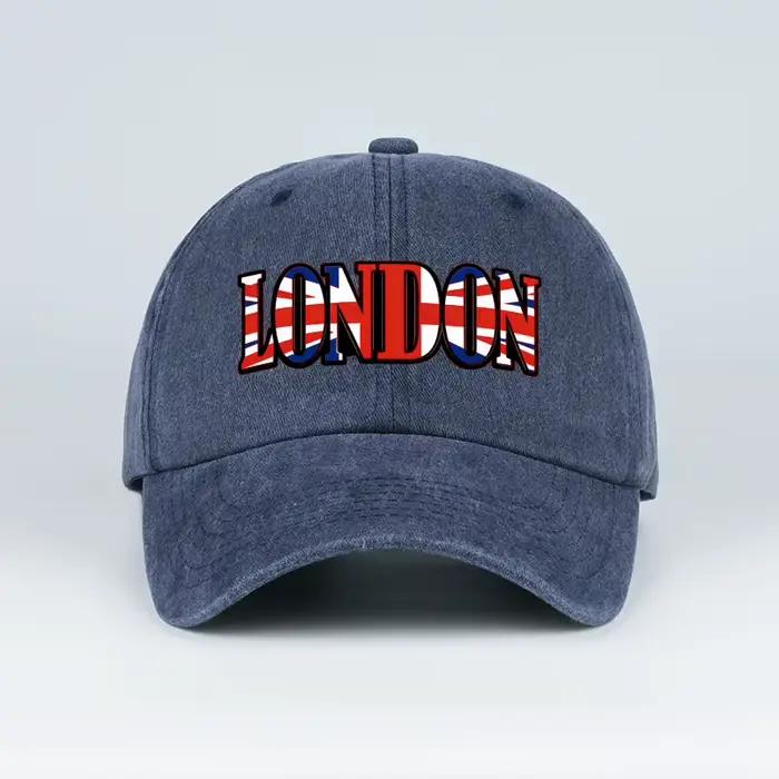 Casquette de baseball unisexe réglable avec imprimé drapeau britannique LONDON, effet délavé, style 