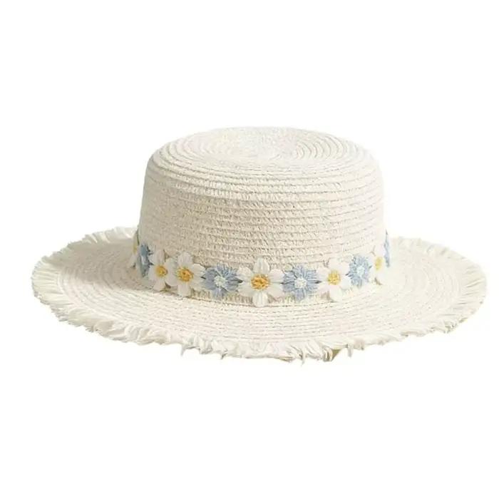 Chapeau de paille élégant à large bord avec fleur, protection solaire, style français, visière anti-