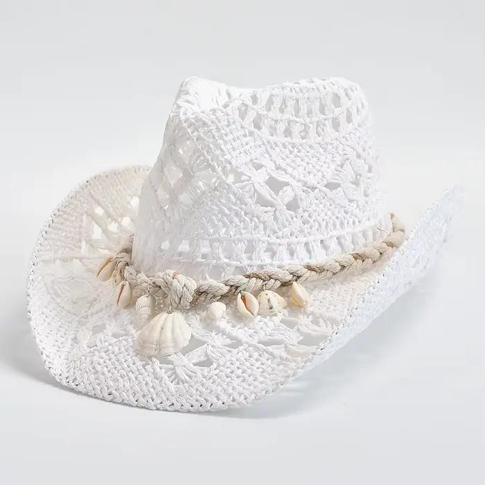 Chapeau de paille tissé à la main d'été pour femmes, décoration de coquille, chapeau de soleil de pl