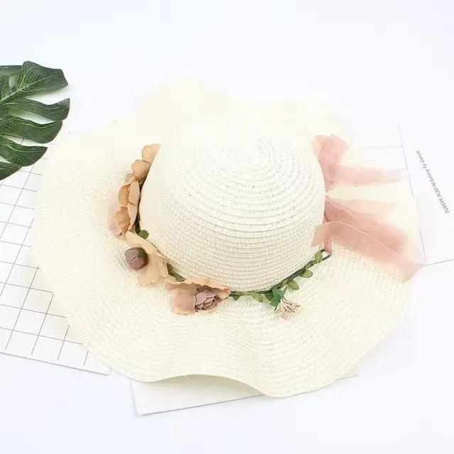 Chapeau de paille ondulé pour femmes, casquette de soleil, avant-toit à fleurs, à la mode, été