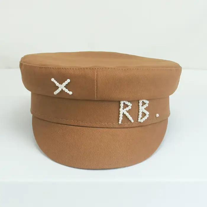 Casquette Gavroche Femme en Coton avec Lettres RB et Perles, Style Militaire, Mode Streetwear, Bleu 