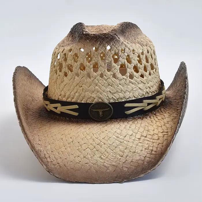 Chapeau de Cowboy occidental en paille naturelle pour femmes et hommes, chapeaux de soleil de plage 