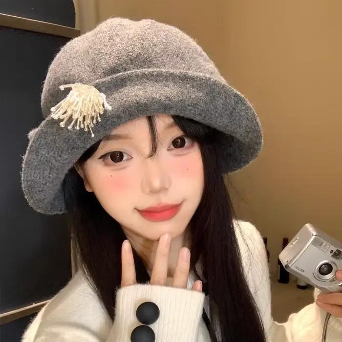 Chapeaux seau en laine grise pour femmes, automne hiver voyage chaud polyvalent Show Face petite Ver