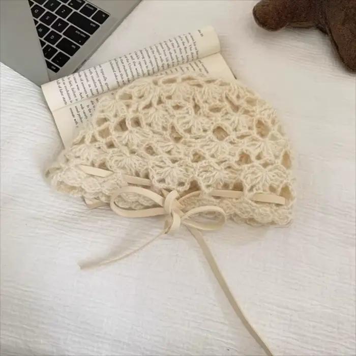Chapeau tricoté creux au Crochet avec nœud rétro, Style bohème, à bretelles, Style ethnique, bonnets