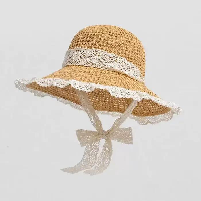 Chapeau de paille coréen à nœud floral pour femme, nouveau chapeau de pêcheur à large bord pour l'ét