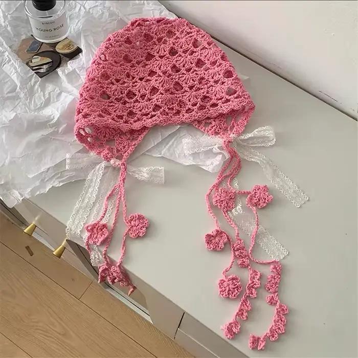 Chapeau tricoté à pampilles en dentelle, élégant, bohème, ajouré, respirant, Style fin, foulard pour