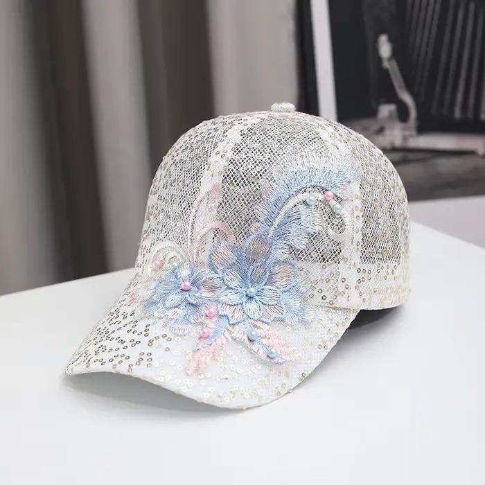 Casquette de baseball en maille pour femme, broderie florale, paillettes, perles, respirante, chapea