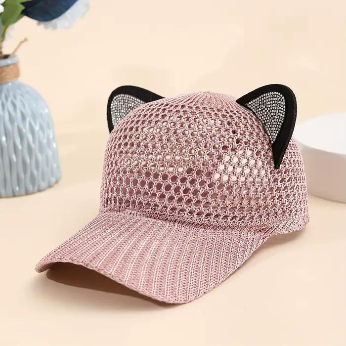 Casquette de baseball à oreilles de chat avec accents en maille — Chapeau d'été pour femme, mignon e