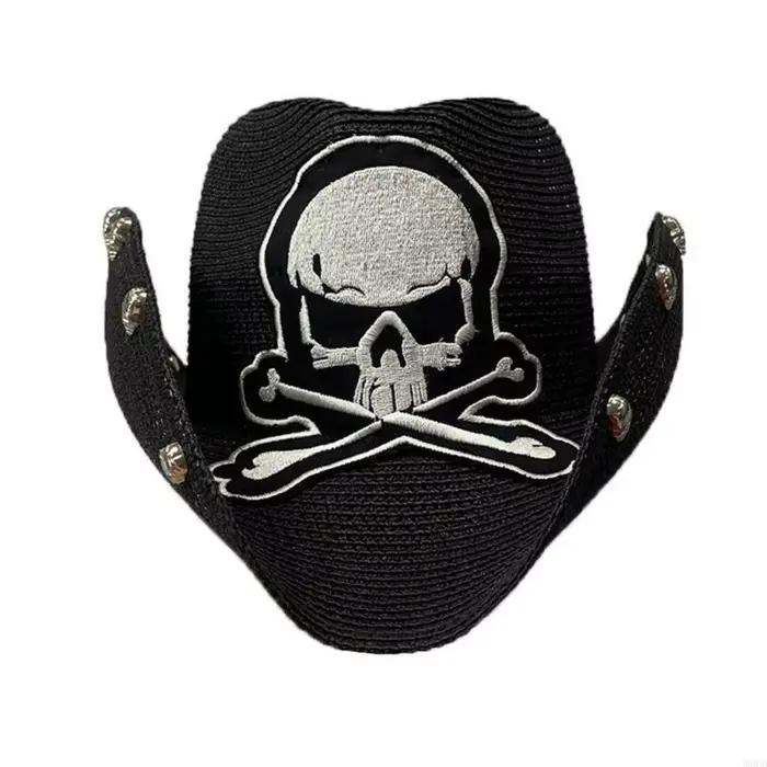 M6CD chapeau tissage paille Vintage avec crâne brodé pour hommes chapeau Cowboy respirant