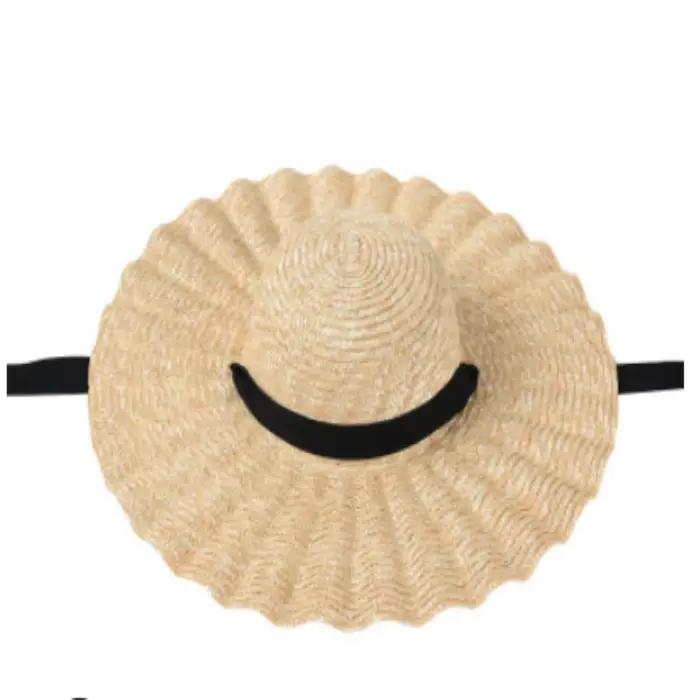 Chapeau de plage à Large bord pour femmes, en paille de blé, à volants ondulés, avec ceinture noir e