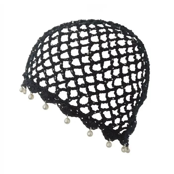 Bonnet tricoté ajouré décontracté avec perles et franges, respirant, style rétro, pour femme, été