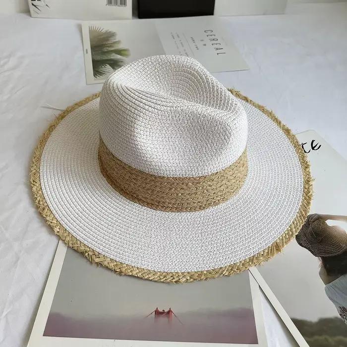 Chapeau de soleil anderà bord frangé pour femme, Fedoras en paille, Chapeau de plage, Chapeau de pai