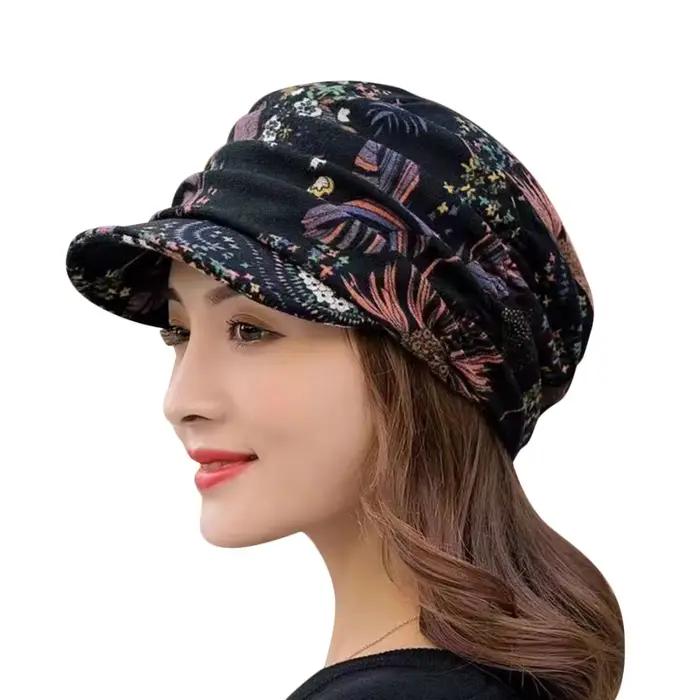 Casquette à visière pour femmes, à bord court, chaude et pliable, à rabat, Style ethnique, imprimé F