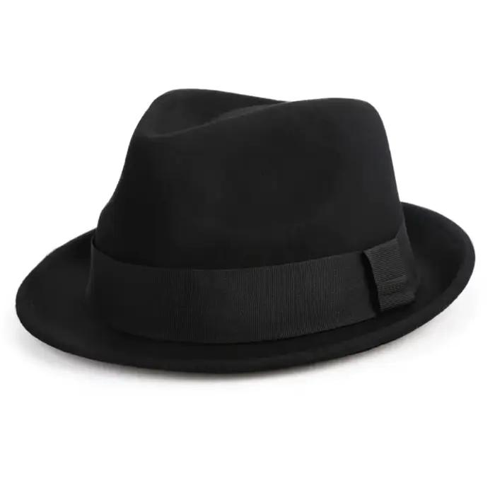 FS Vintage noir chapeaux hommes unisexe église Jazz chapeau messieurs laine feutre Fedoras ruban Tri