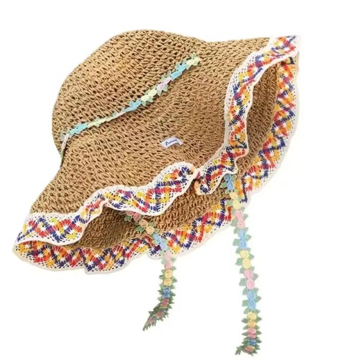Chapeau de paille élégant pour femme, style INS, respirant, avec bord en dentelle, protection solair