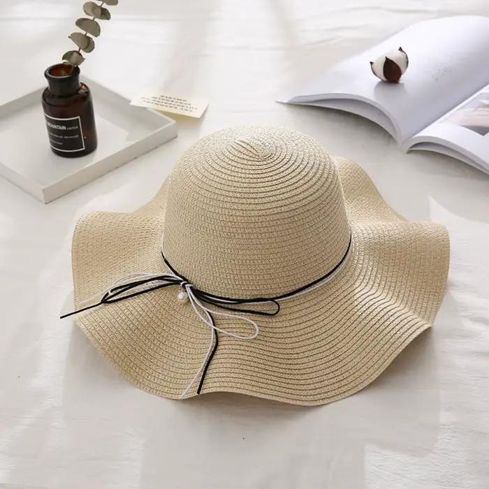 Chapeau de paille tendance style français avec perles, large bord pliable, pour le printemps et l'ét