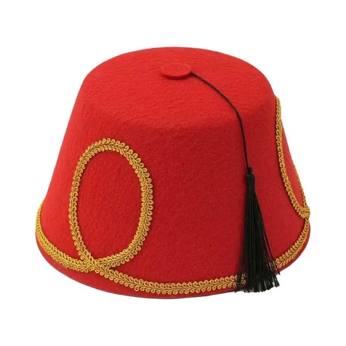 Chapeau Fez Turc Noir à Pompon en Feutre de Laine avec Bordure Dorée, Casquette Marocaine Taille Uni