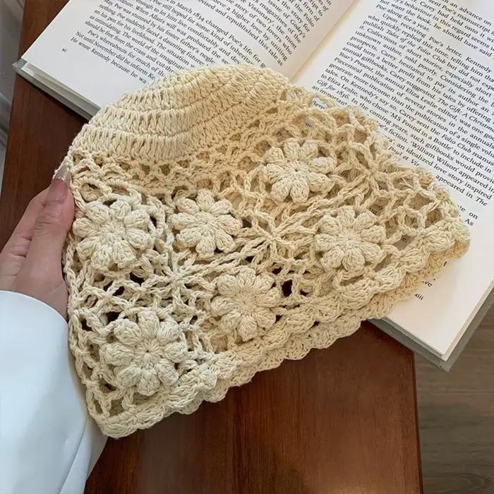 Chapeau à fleurs en Crochet fait à la main coréen, tissage Y2k, casquettes de bassin en tricot pour 