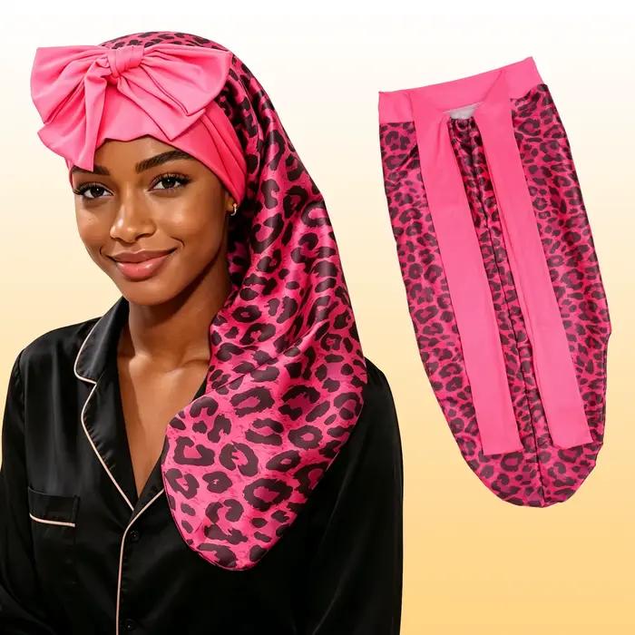 1PC Bonnet long en satin doux pour femme, imprimé léopard, avec nœud et tresse, accessoire de sommei