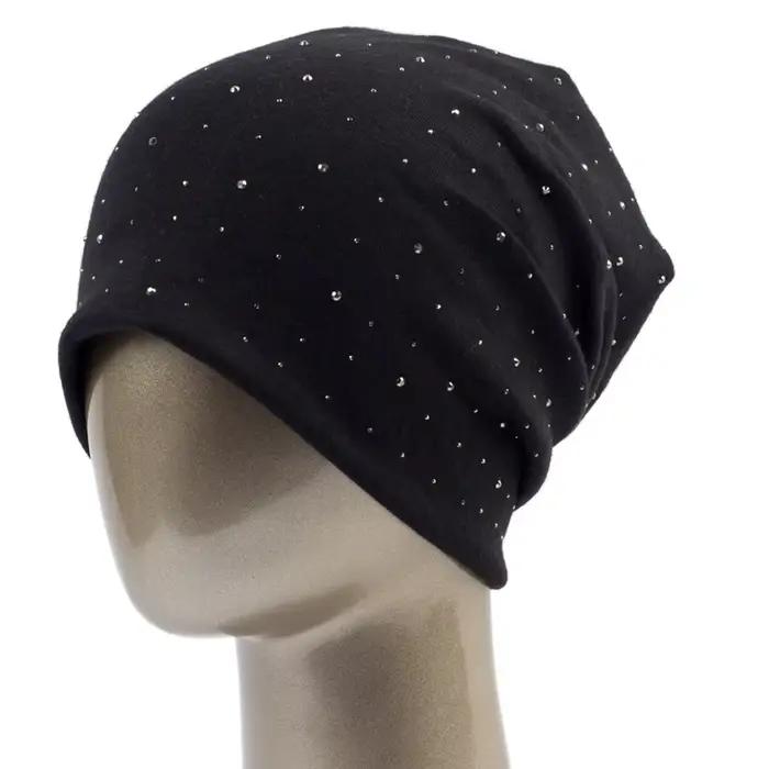 Geebro Bonnet femme avec strass dames printemps couleur unie coton tricoté bonnets amples Bonnet fem