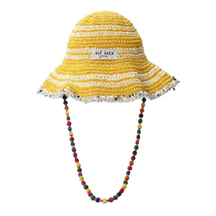 ELFSACK Chapeau de soleil en paille au crochet pour femme avec chaîne de perles colorées, chapeau de
