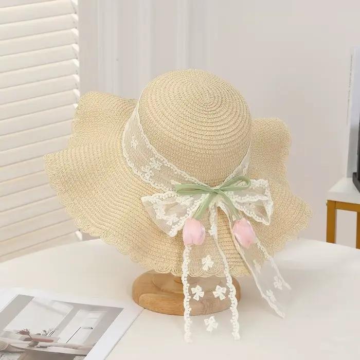 Chapeau de soleil en paille à large bord pour femme avec nœud en dentelle tulipe, style bonnet franç