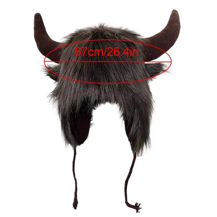 Chapeau de buffle avec cornes, bonnet en peluche avec protège-oreilles et cornes, couvre-chef moelle