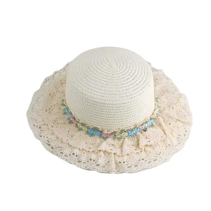 Chapeau de soleil Lolita doux en paille tressée à large bord et dessus plat, style japonais, avec de