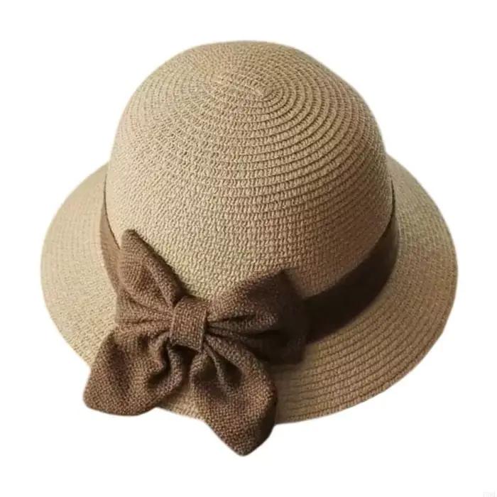 Chapeau paille pliable, casquette crochetée avec embellissement à mode pour les activités plein air,