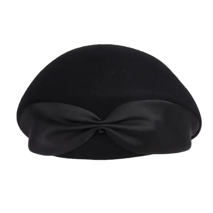 Béret en feutre de laine de chameau pour femme, chapeau avec nœud papillon, pour mariage, église, fê