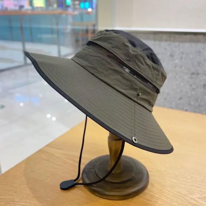 Chapeau de pêcheur d'extérieur respirant en maille à large bord pour hommes, avec sangle coupe-vent,