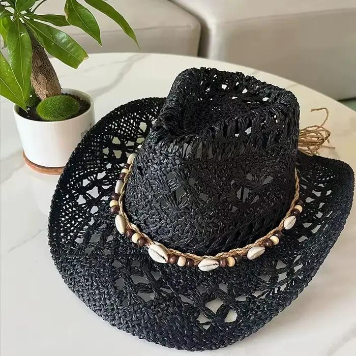 Chapeau de soleil vintage d'été bohème en paille pour femme et homme, style cowboy western, avec coq